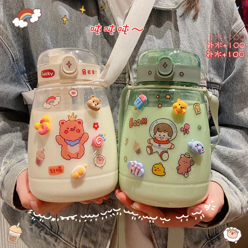 

1500 ML Kawaii Big Belly Water Bottle With Straw 3D Stickers Cute Girls Large Capacity Anti-Fall Milk Tea Double Drink Sippy Cup