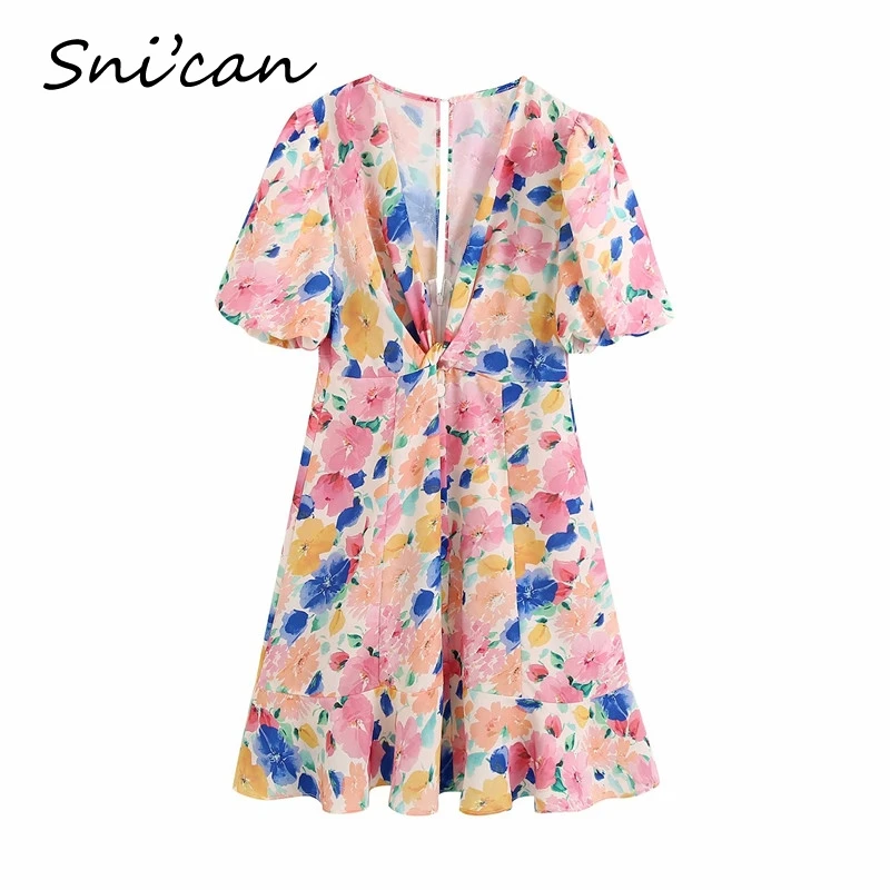 

Snican pink floral print ruffle dress short sleeve summer sexy v neck robe femme vestidos corto za woman 2020 robe cortos runway