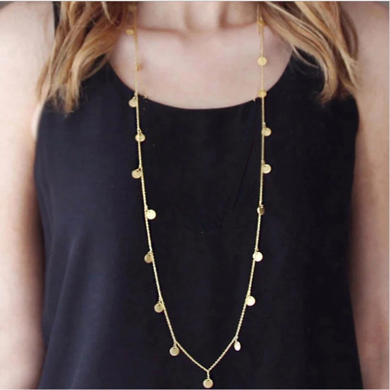 Длинное ожерелье свитер диск кулон вокруг Золото Серебро Цвет покрытый