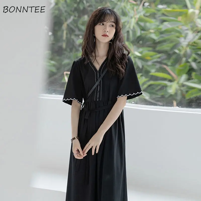 

Midi Dresses Women Black New Empire Bandage Temperament Casual Breathable Tender Vintage College Clothing All-match Fashion Soft