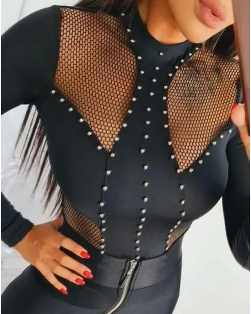 

2021 women's tops sexy Beaded Contrast Fishnet Long Sleeve blouse