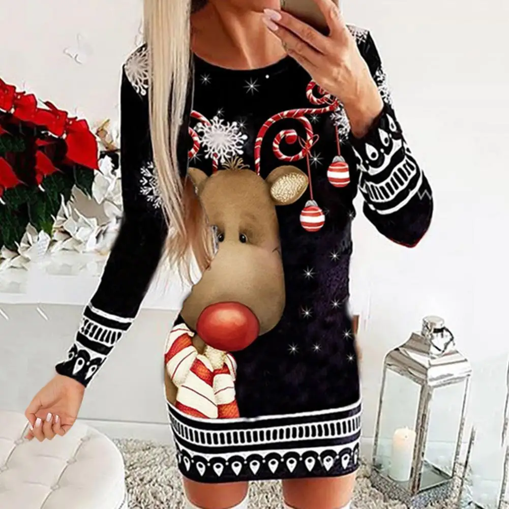 

Elegant Women Dress Women Round Neck Long Sleeve Christmas Print Party Dress Festive Santa Claus Elk Print Mini Dress Streetwear