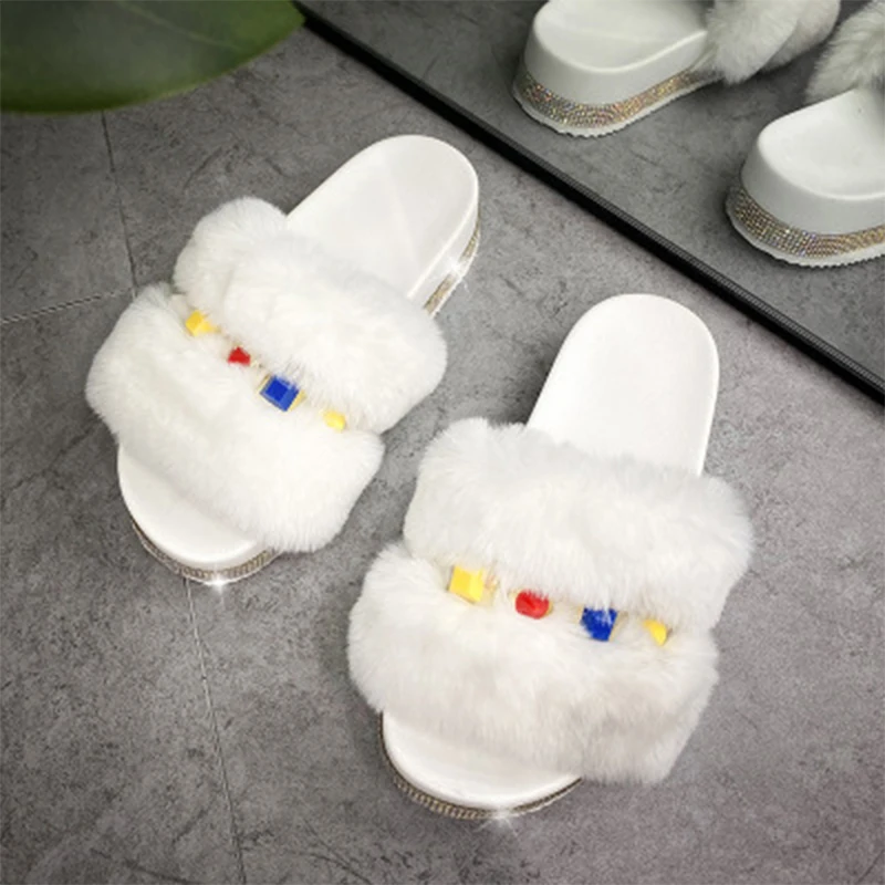 INS/женские шлепанцы на меху со стразами 2020 Женская обувь толстой подошве