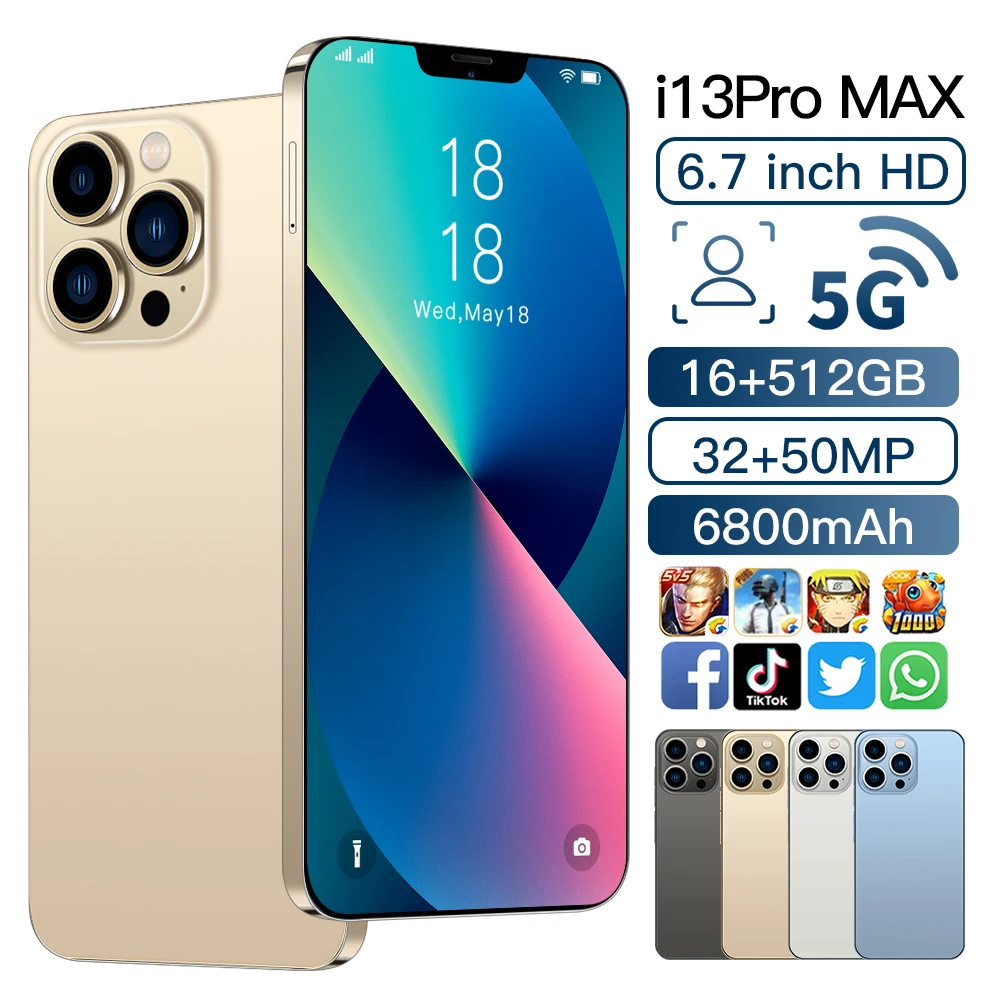 

Global Version i13 Pro Max Smartphone 16GB+512GB Unlocked Mobile Phones 32+50MP Camera Android11 5G 6800mAh Cell Phone New A61