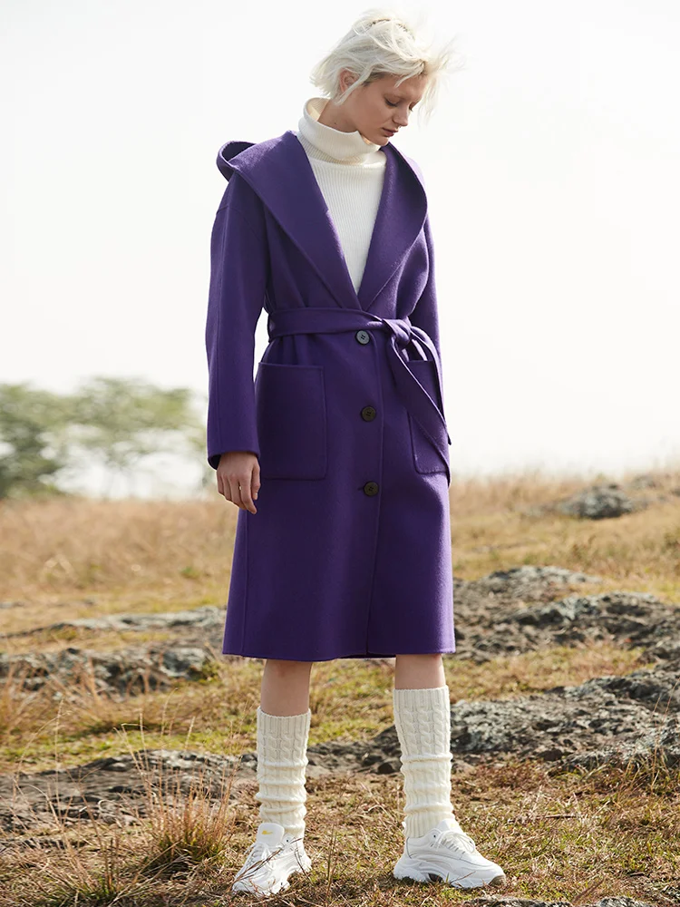 

French High-end Double-sided Cashmere Coat Women's Purple 2021 New Soft Wind Hooded Wool Coat