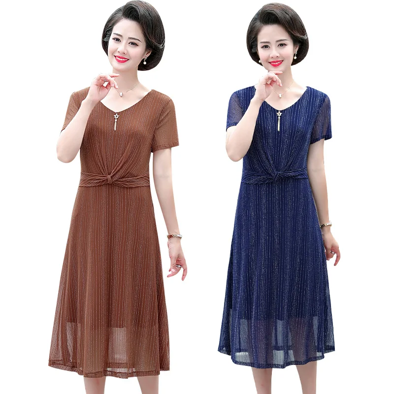 

Summer Plus size 5XL Women Mesh Portrait Gold Line Hollow Slim Dress Mother clothes elegant party Dresses