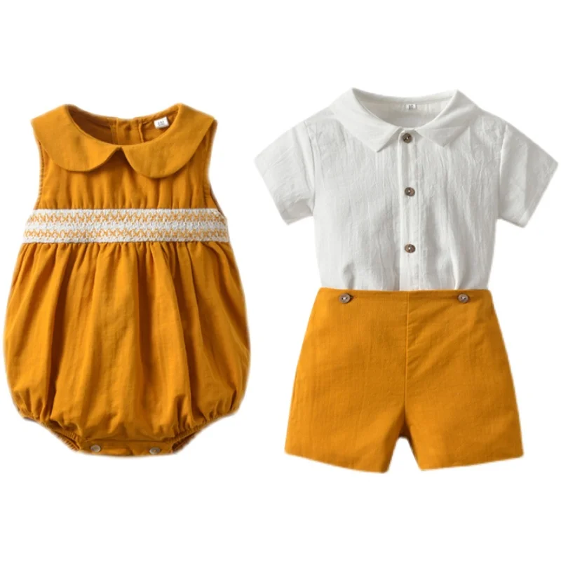 Baby Girls Smocking Romper Toddler Smocked Sleeveless Bubbles Baby Boys Suit White Shirt Shorts Sister Brother Matching Clothes
