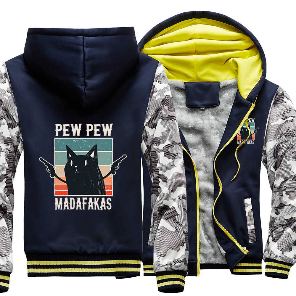 

Kawaii Pew Pew Madafakas Funny Cat Raglan Thick Hoodies Top Men Jackets Winter Warm Sweatshirt Printed Raglan Black Fitted Coats