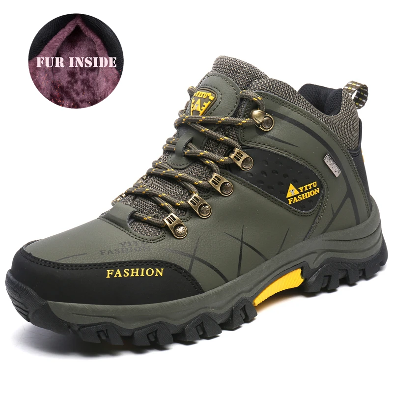 Army Green add fur Зимняя теплая хлопковая обувь; Мужская Уличная кожаная черная Повседневная обувь; меховые кроссовки; высокие резиновые ботильоны; мужские походные треккинговые ботинки; 46 - Цвет: Army Green add fur