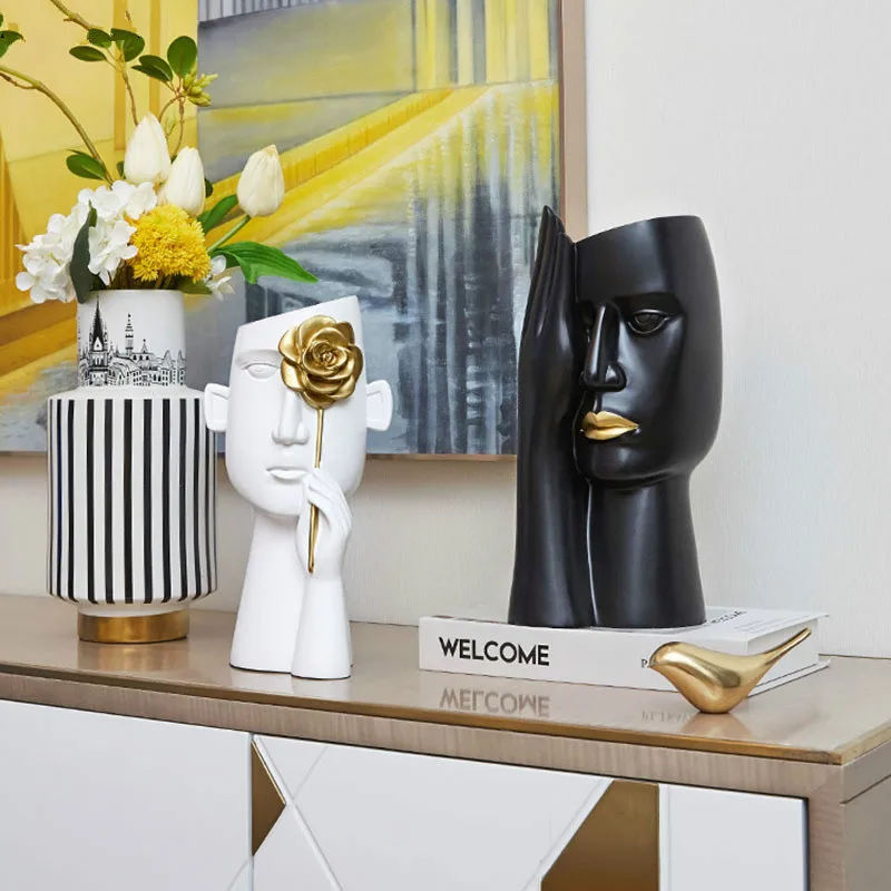 

Minimalist Portrait Vases Resin Sculpture Black Human Head Vase Flower Pot Office Desk Decor Flower Arrangement Home Decoration