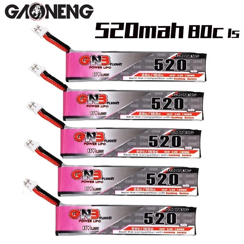 

5PCS GAONENG GNB 1S 3.8V 520mAh 80C/160C HV 4.35V Lipo Battery With PH2.0 Plug For Emax Tinyhawk Kingkong LDARC TINY7 RC Parts