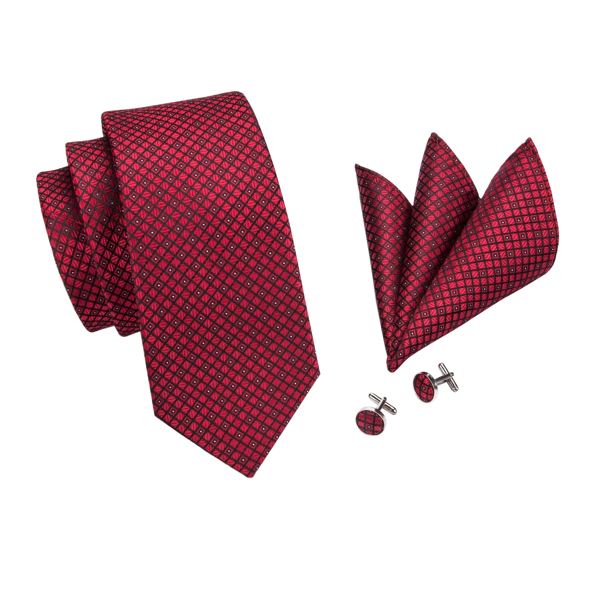 Red Ties Silk Wedding Neck Tie Checked Tie Clip Handky Cufflink Set Gift Box Tie for Business Suit Hi-Tie 150cm Wholesale C-704
