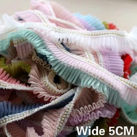 5cm wide luxury double layers mesh 3d pleated lace beaded edge fringe trim embroidered ribbon diy wedding dress sewing supplies