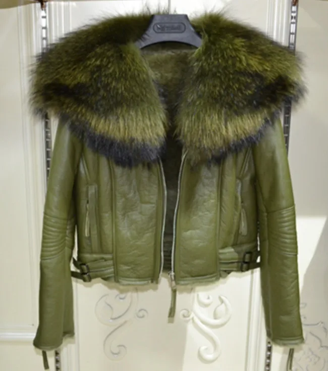 Luxury Genuine Real Large Raccoon Fur Collar Wool Lined Coat for Women Natural Sheepskin Leather Shearling Jackets Pink Green