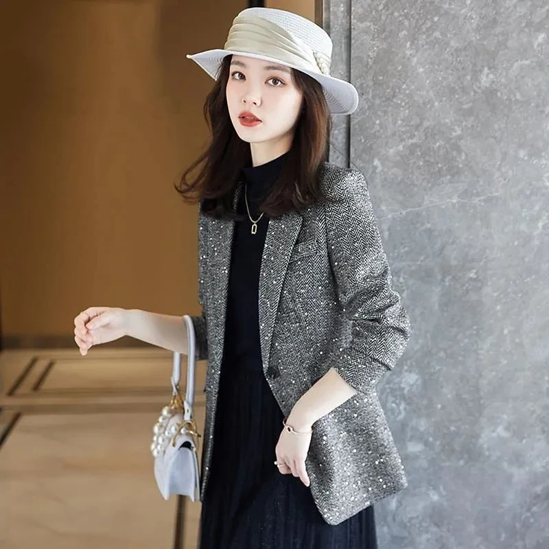 Блестящие блейзеры высокого качества корейская мода Женский однотонный