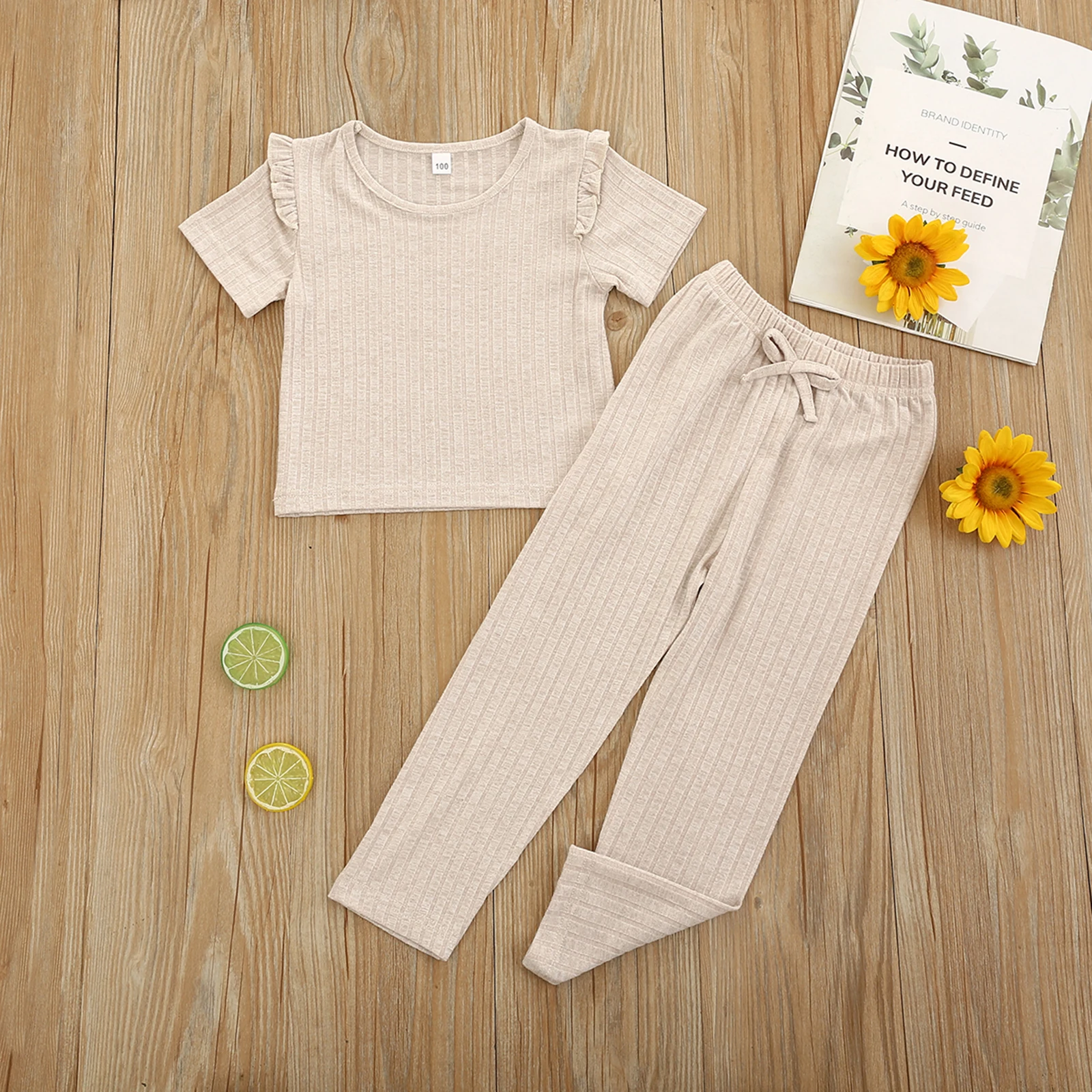 

2021-03-24 Lioraitiin 2-7Years Toddler Girls 2Pcs Summer Outfits Ruffle Short Sleeve Tops + Elastic Waist Pants Set 4Colors