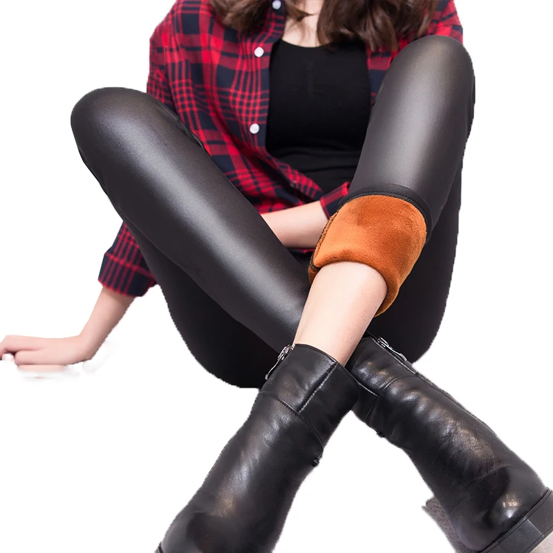 Женские зимние кожаные брюки размера плюс супер тянущиеся из искусственной кожи