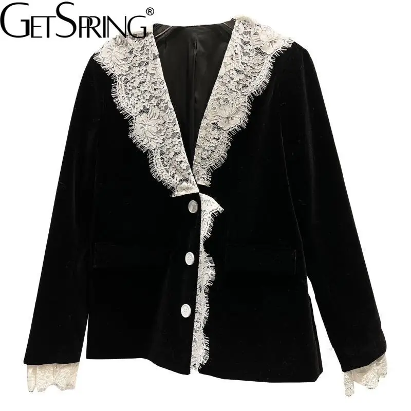 

Getspring Женский блейзер кружевной лоскутный винтажный бархатный женский Блейзер и куртки подходящие цвета Модный черный костюм пальто 2022 Нов...