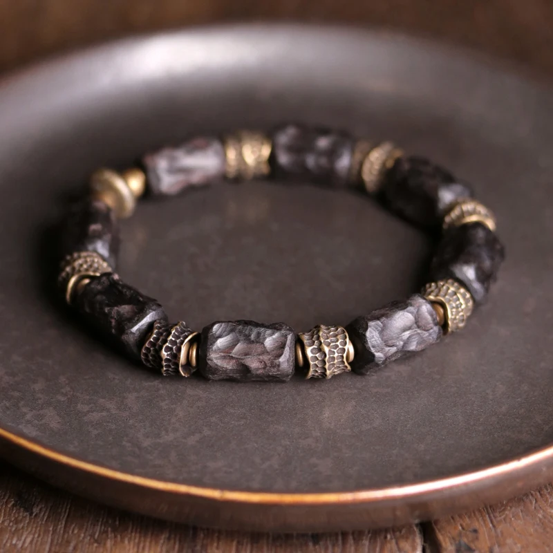 Hand Processed Strip Ebony Bracelet Do Old Hammered Copper Concave Convex Texture Black Wood Jewelry Men Women Individual Bangle