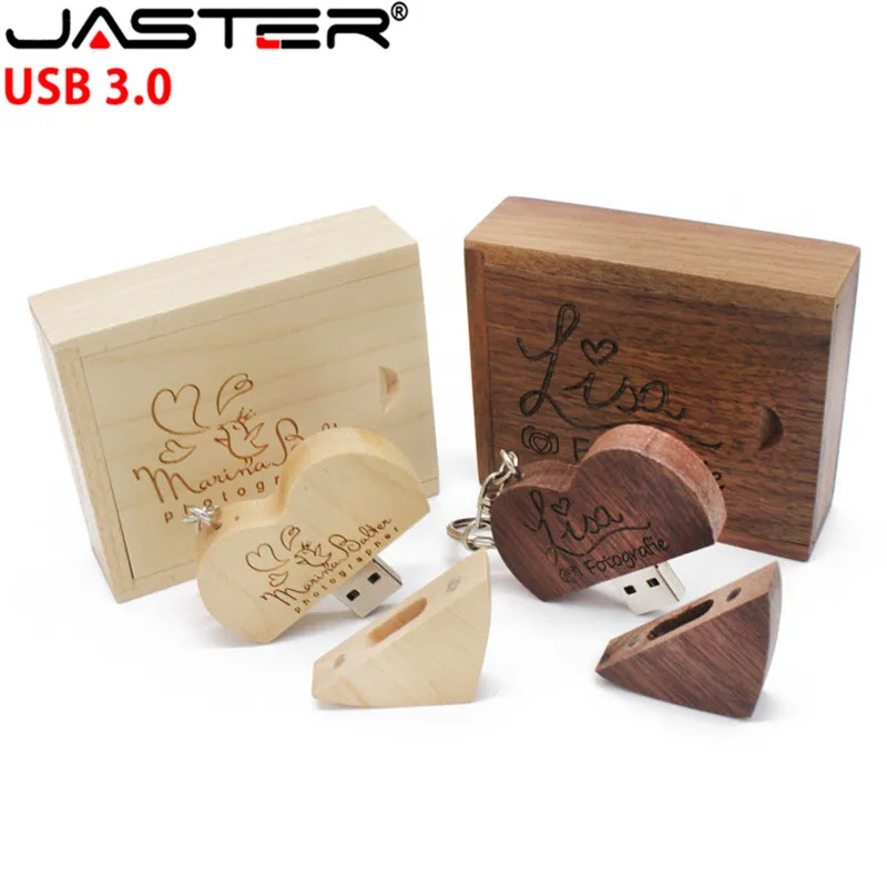 

USB флэш-накопители JASTER, USB 3.0, креативный (бесплатный логотип), деревянный, 2-цветный, в форме сердца, с коробкой, 4 ГБ/8 ГБ/16 ГБ/32 ГБ/64 ГБ