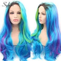 blue green yellow purple pink rainbow highlight color ombre body wave synthetic lace front wigs for women lolita cosplay frontal