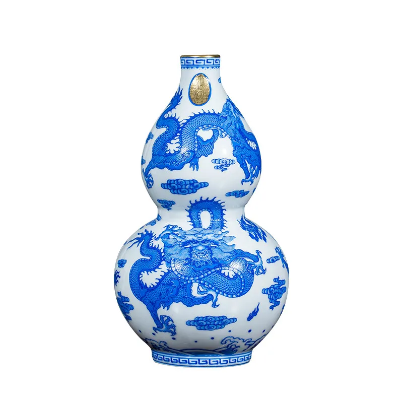 Антикварная дзиндечженьская голубая и белая керамическая ваза с изображением