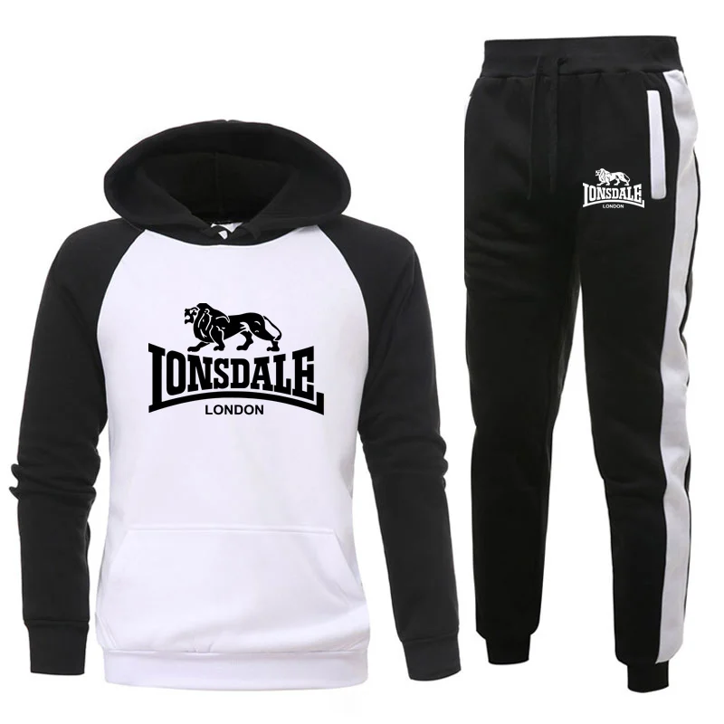 

Half Black Half White Pant Sweatshirt Male Sweatsuit Splice Outfit Men Tracksuit Hoodie Set Two Pieces Autumn Winter Sports Suit