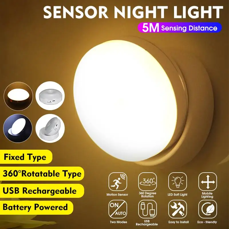 

360 Degree Rotation LED Motion Sensor Night Light USB Rechargeable Lamp with Magnetic Base for Stairs Bedroom Bathroom Kitchen