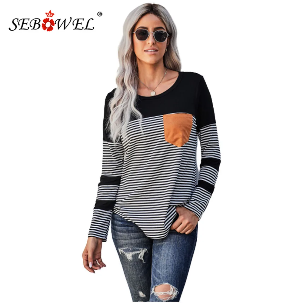 

SEBOWEL Casual Pinstripe Patch Pocket Pullover Top Women Long Sleeve T-shirt Autumn Spring Female Striped Tops Clothing S-XXL