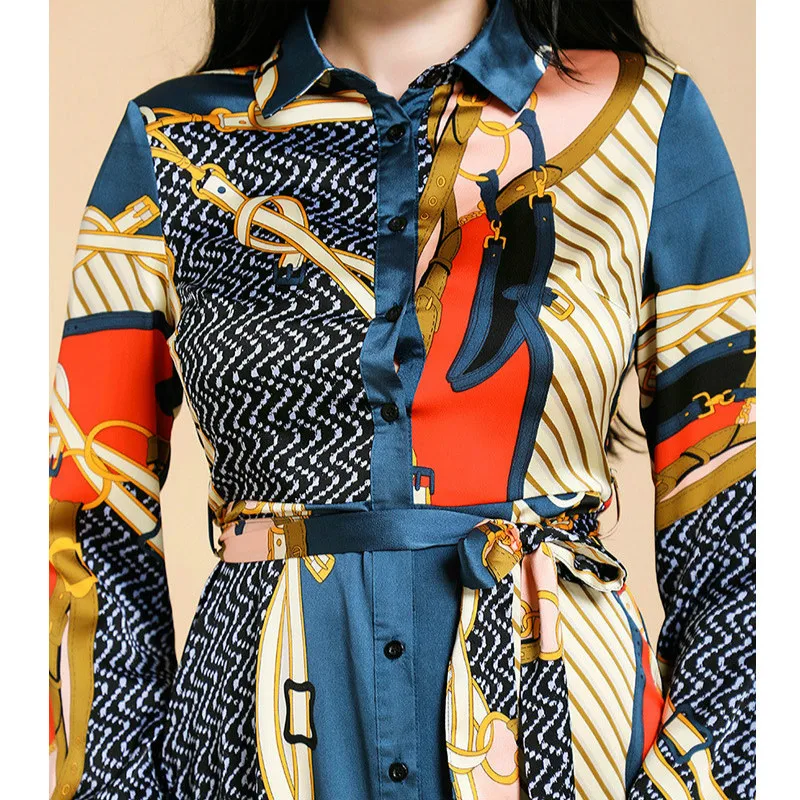 

Mostnica Vintage Color Block A Line Shirt Dress Women Japan Style Striped Chain Printed Belted Long Sleeve Fashion Woman Dresses