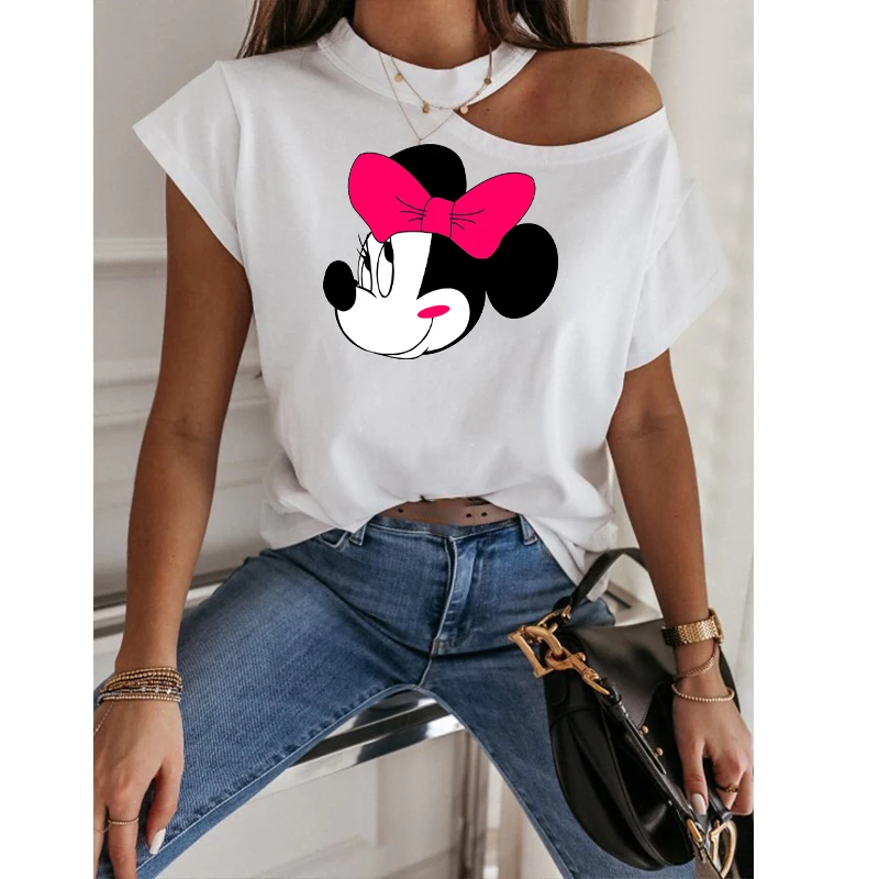 

Summer Mickey Mouse Tee Tops Sexy Off Shoulder Tshirts Girls Short Sleeve Casual Street Style Harajuku Tshirt Camisetas De Mujer