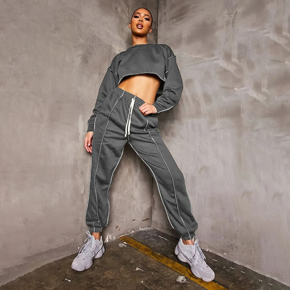 

2021 Women's Autumn New Trousers Suit Casual Fashion Commuter Simple Style Long-sleeved Short Top Sports Pants Two-piece Sets