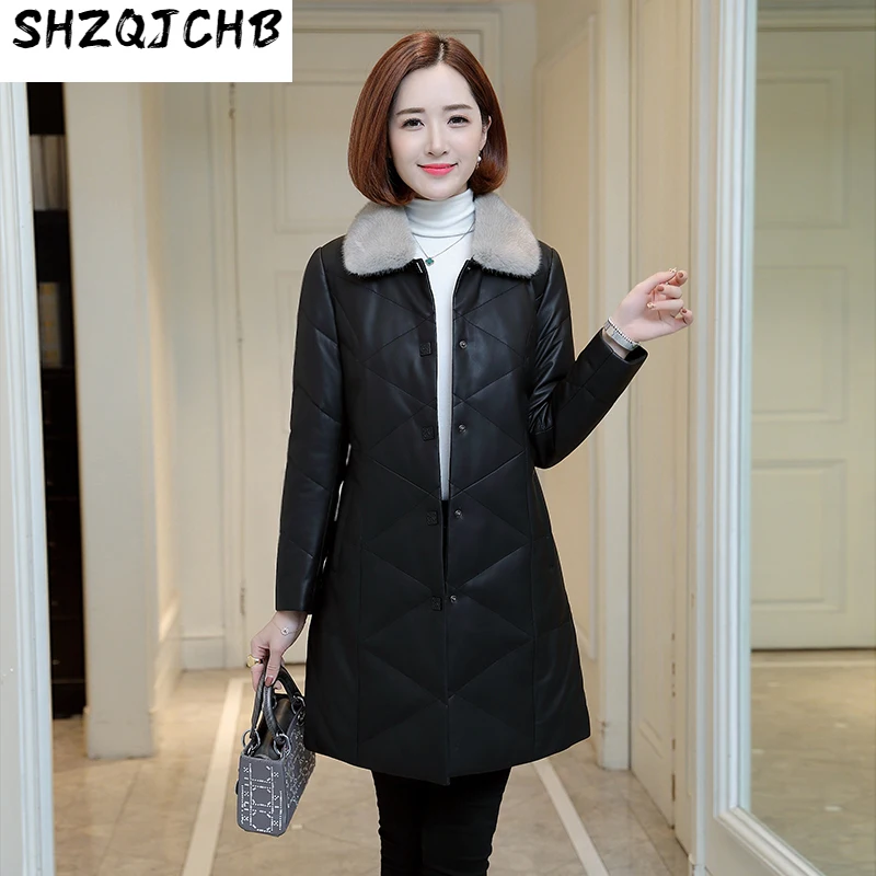 

SHZQ кожаный пуховик женская средней и длинной кожаная куртка новая овечья кожа съемный норковый воротник