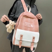backpack cute student linen female women fashion school bag harajuku girl kawaii backpack canvas lattice ladies bag doll pendant