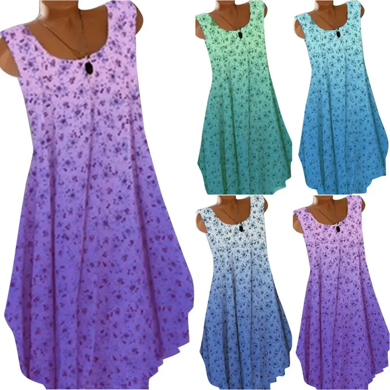 

Womens Summer Dress Sleeveless Flowers Printed Ladies Gradient Loose Casual Swing Dresses 2021 Fashion Female Crew Neck Clothing