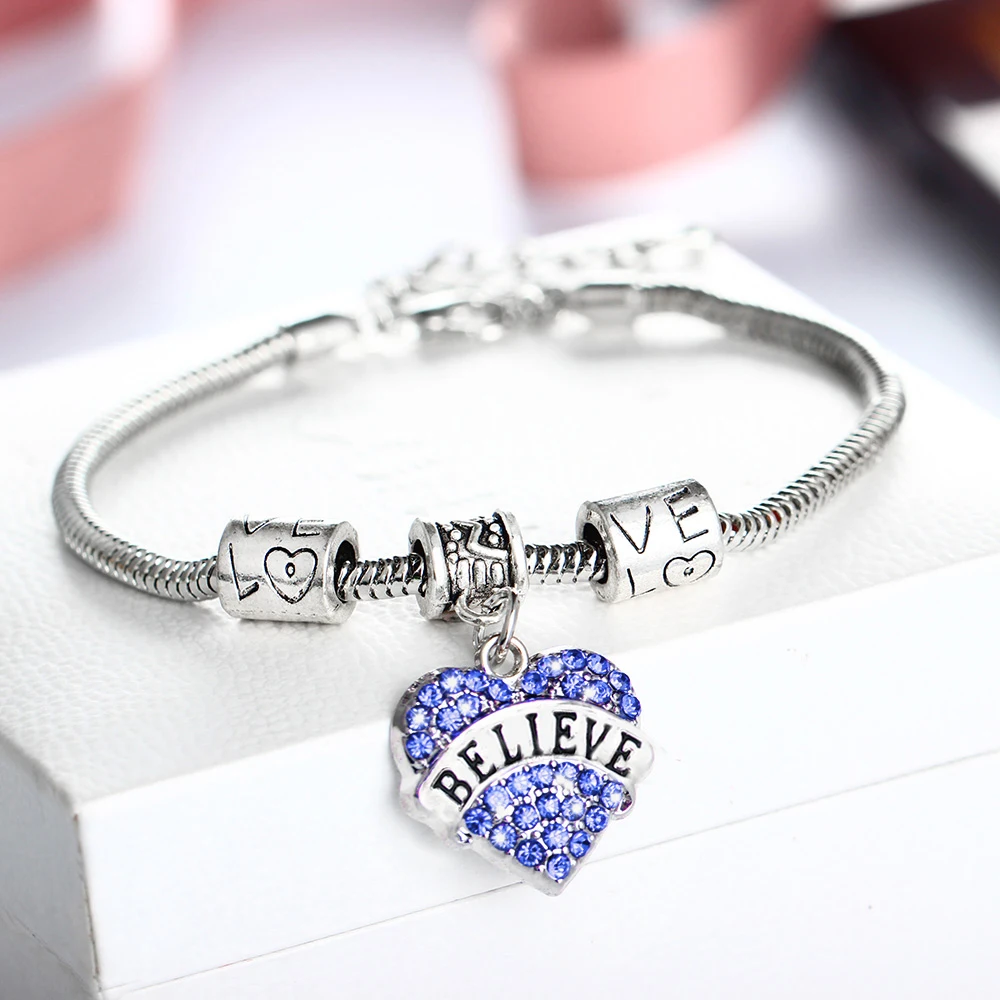 

12PC Believe Blue Crystal Rhinestone Love Heart Charms Bracelets Family Women Friends Bracelets Gifts Love Beads Chain Bangles