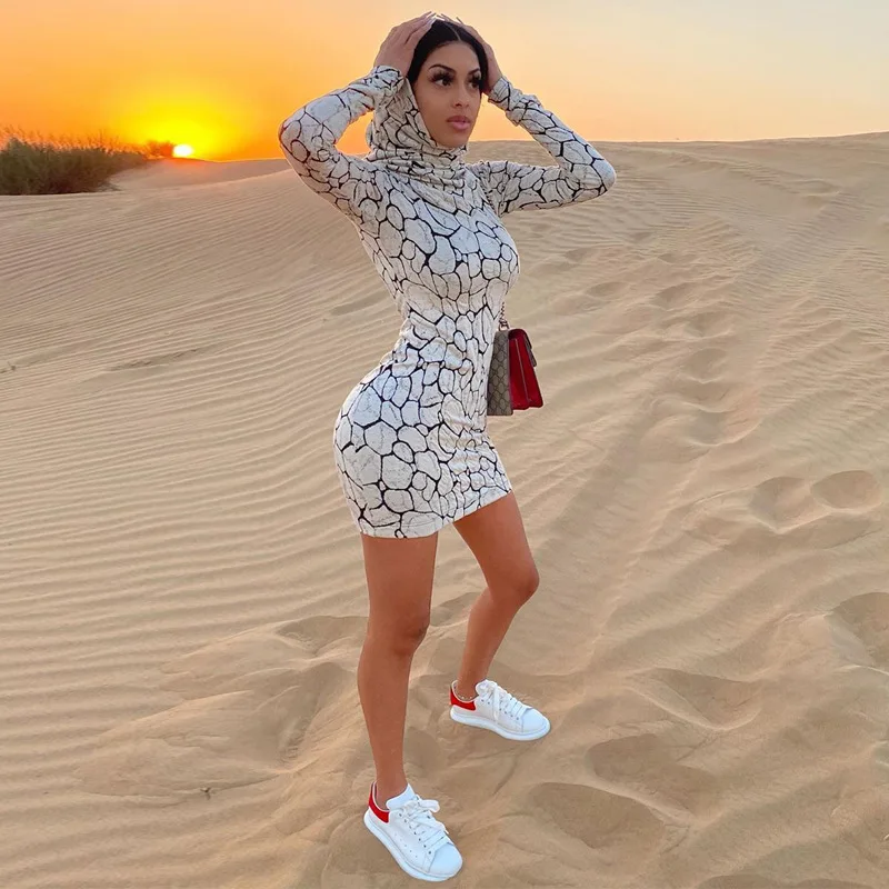 

2021 Long Sleeve Print Hooded Mini Dress Autumn Winter Women Fashion Streetwear Outfits Y2K Clothings Vestido De Mujer