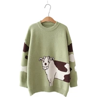 sweaters womens jumper o neck pullover kawaii long sleeve loose knitted pullover 2021 winter female cartoon cows embroidery top