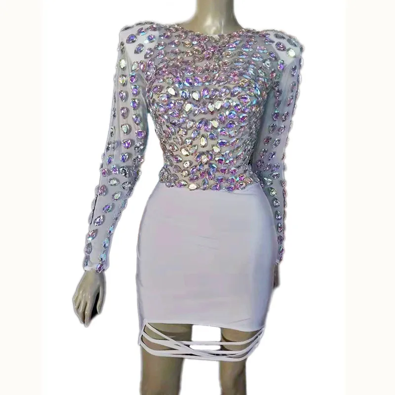 

Colorful Rhinestone Hip Wrapped Dress Women See Through Stretch Mini Dress Sexy Nightclub Party Dress Singer Dancer Stage Outfit