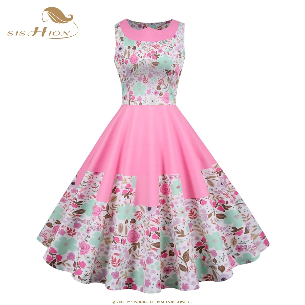 

SISHION 2021 Women Sleeveless Summer Dress VD2212 A Line Floral Print Swing Pink Vintage Dresses