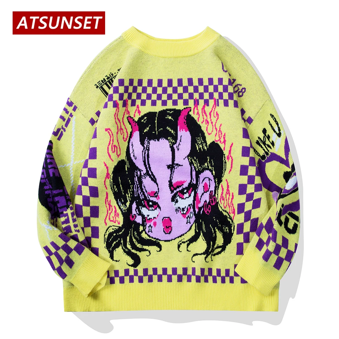 

ATSUNSET Anime Devil Little Girl Sweater Pullover 2021 Hip Hop Streetwear Vintage Style Harajuku Knitted Sweater