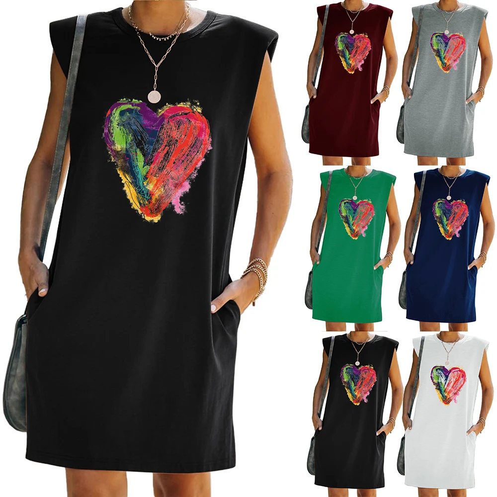 

Womens Heart Vest Sleeveless Dress Summer Pockets Mini Dresses Loose Tops Casual