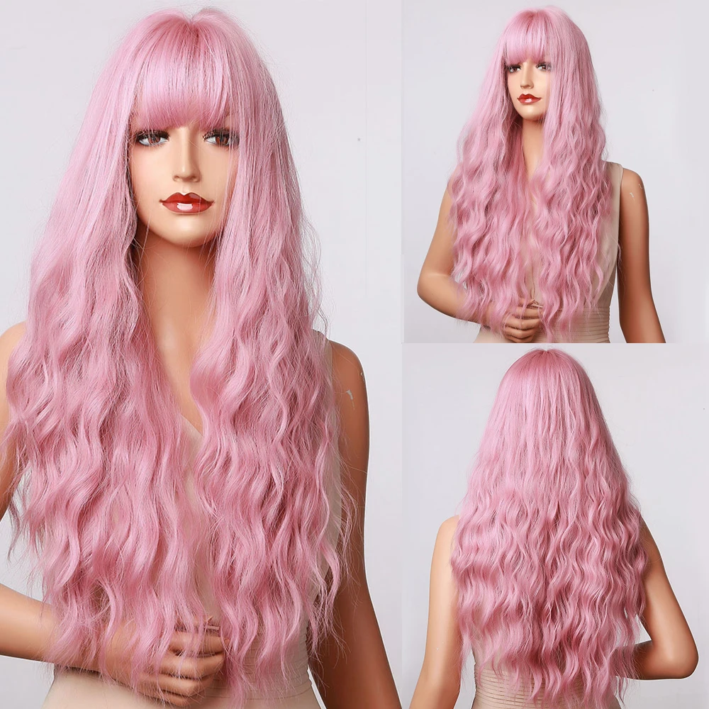 

HENRY MARGU Water Wave Long Wigs Cosplay Halloween Pink Synthetic Hair Wigs with Bangs for Women Girls High Temperature Fiber
