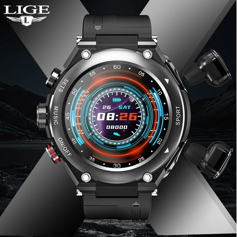 

Новинка, мужские Смарт-часы LIGE, умные часы 2021, TWS, Bluetooth 5, наушники, звонки, музыка, температура тела, часы «сделай сам», спортивные Смарт-часы д...
