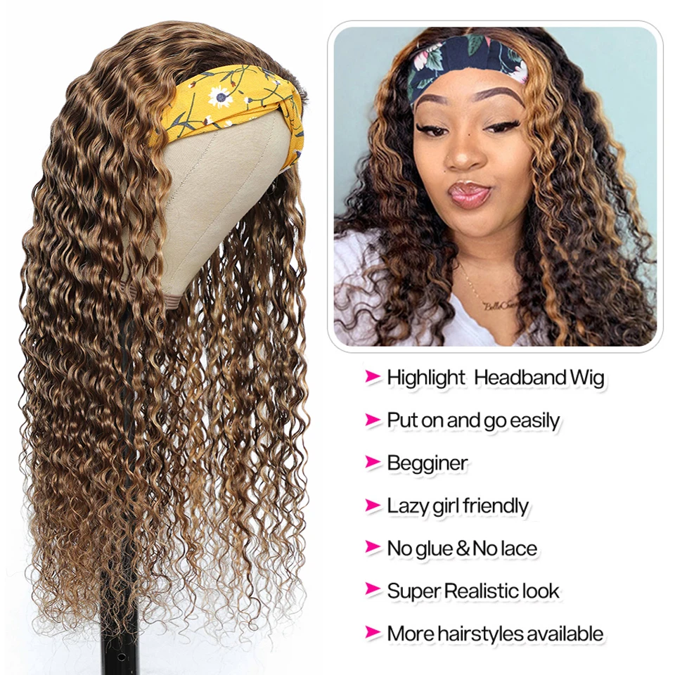 Перуанский глубоко вьющиеся синтетические волосы парик с головной повязкой P4 27