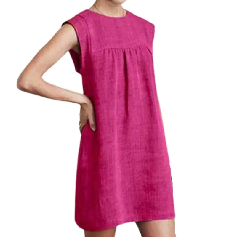 

Платье женское хлопково-льняное средней длины с круглым вырезом и коротким рукавом