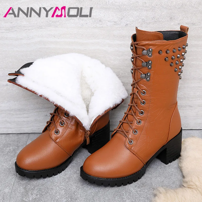 

ANNYMOLI Natural Wool Fur Real Leather Platform Block High Heel Mid Calf Boots Women Shoes Zip Lace Up Rivet Motorcycle Boots 43