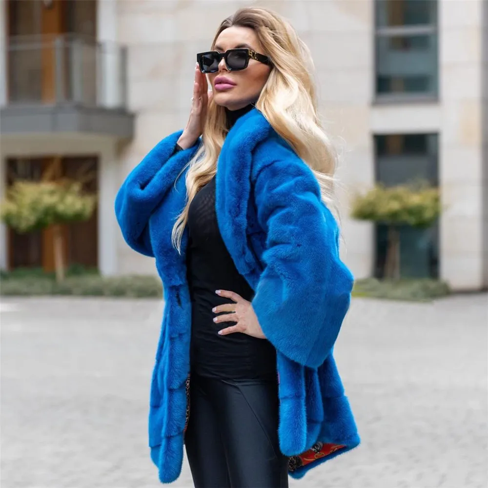Royal Blue Genuine Mink Fur Jacket Lapel Collar 2022 New Winter Fashion High Quality Mink Fur Coat Genuine Natural Fur Overcoats