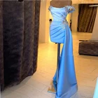 Блестящие короткие вечерние платья небесно-голубого цвета с открытыми плечами и бусинами, платье-Русалка на заказ для выпускного вечера