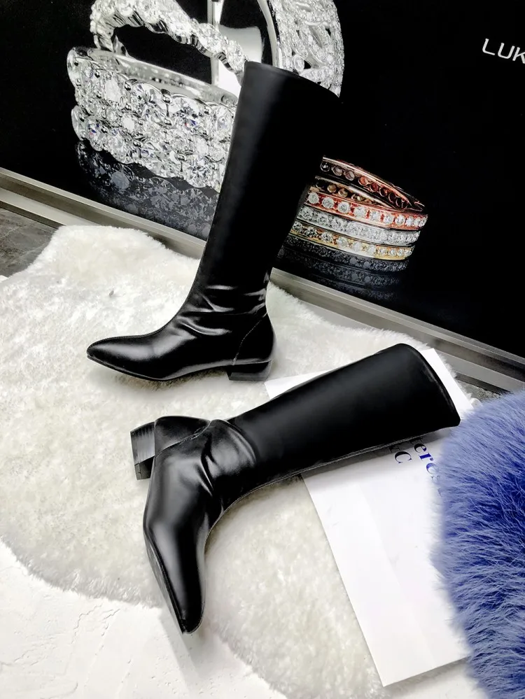 ZawsThia winter autumn yellow purple pink woman boots pointed toe low square heels mid-calf boots for women big size 34-48